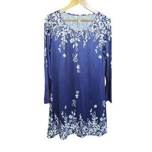 Zolucky Womens Blue & White Floral Round Neck Long Sleeve Dress Size Large NWT